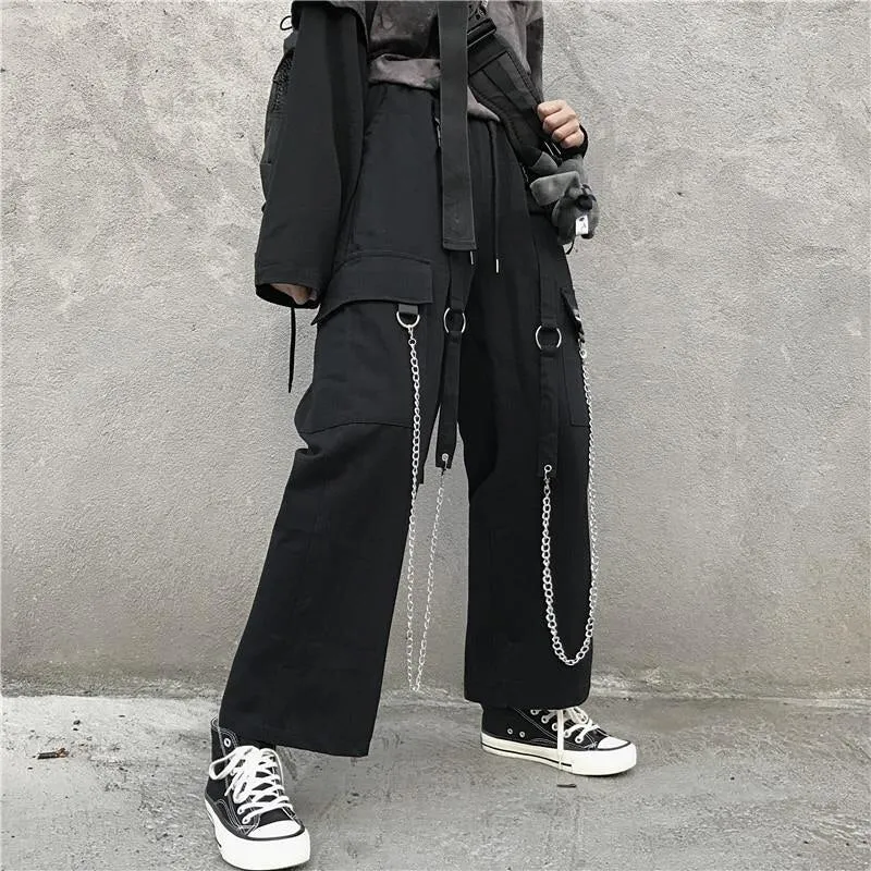 Fashionkova  Emo Korean Fashion Streetwear Y2k Black Cargo Harajuku Hip Hop Wide With Chain Baggy Punk Harem Trousers Elastic Waist Alt Pants