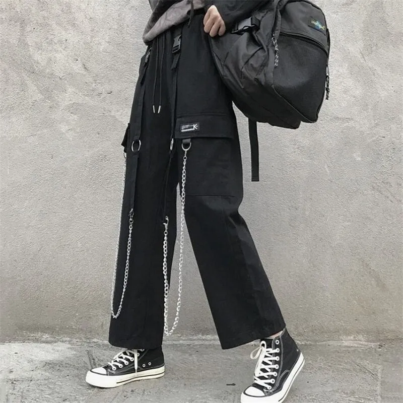 Fashionkova  Emo Korean Fashion Streetwear Y2k Black Cargo Harajuku Hip Hop Wide With Chain Baggy Punk Harem Trousers Elastic Waist Alt Pants