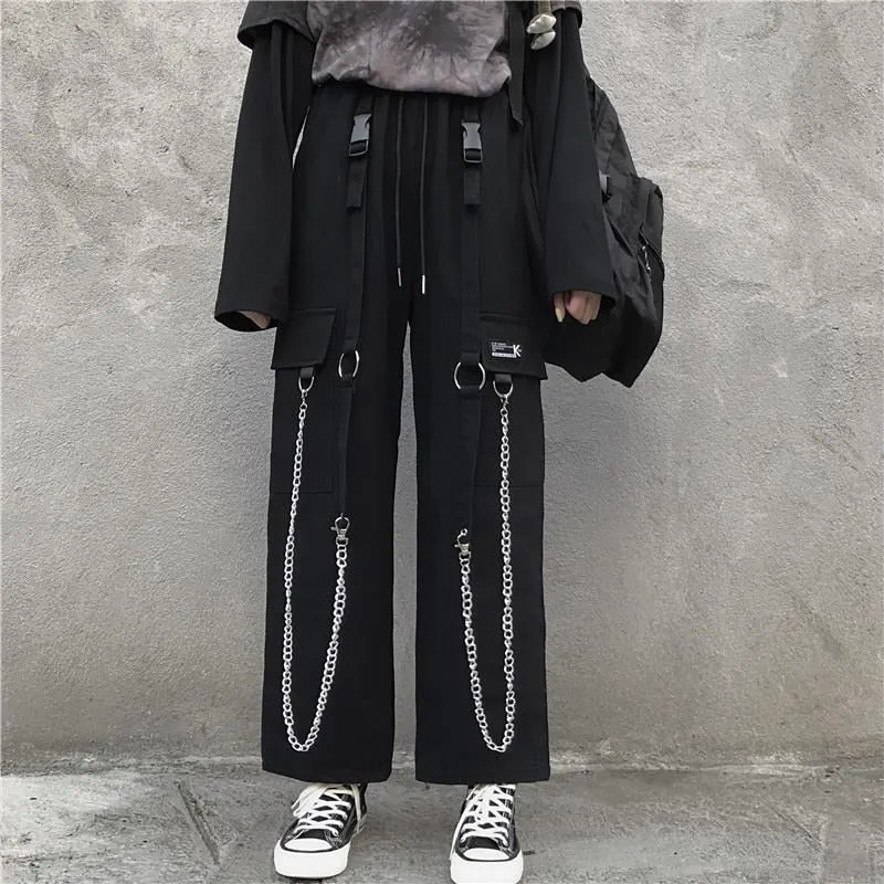 Fashionkova  Emo Korean Fashion Streetwear Y2k Black Cargo Harajuku Hip Hop Wide With Chain Baggy Punk Harem Trousers Elastic Waist Alt Pants