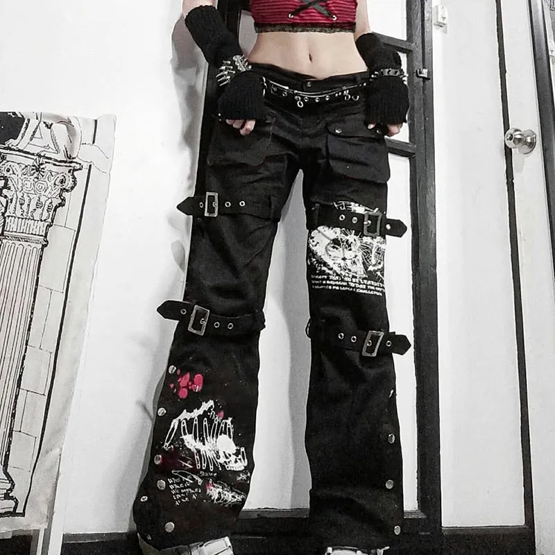 Fashionkova  Y2K Streetwear Punk Style Skull Print Black Buckle Gothic Dark Cargo Pants Harajuku High Waist Aesthetic Straight Denim Trousers