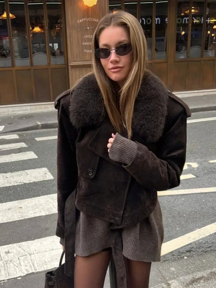 Faux fur coat chocolate brown suede jacket