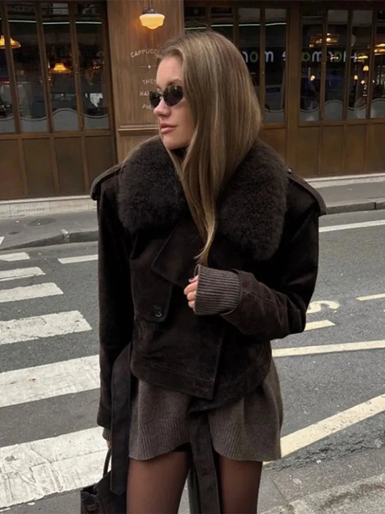 Faux fur coat chocolate brown suede jacket