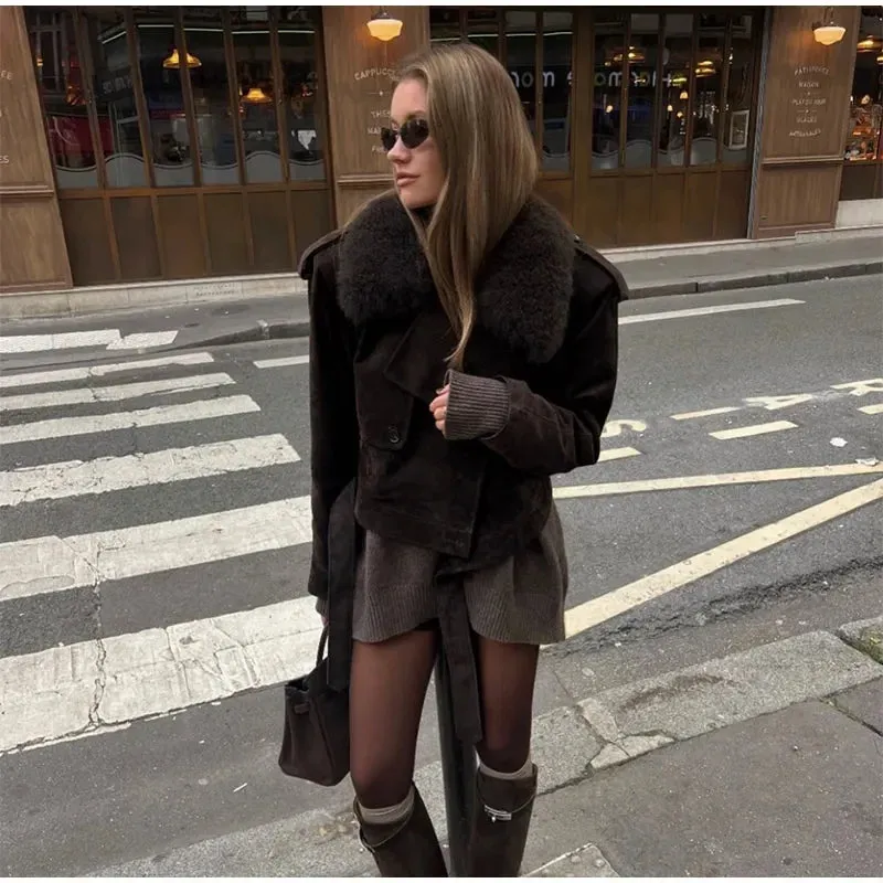 Faux fur coat chocolate brown suede jacket