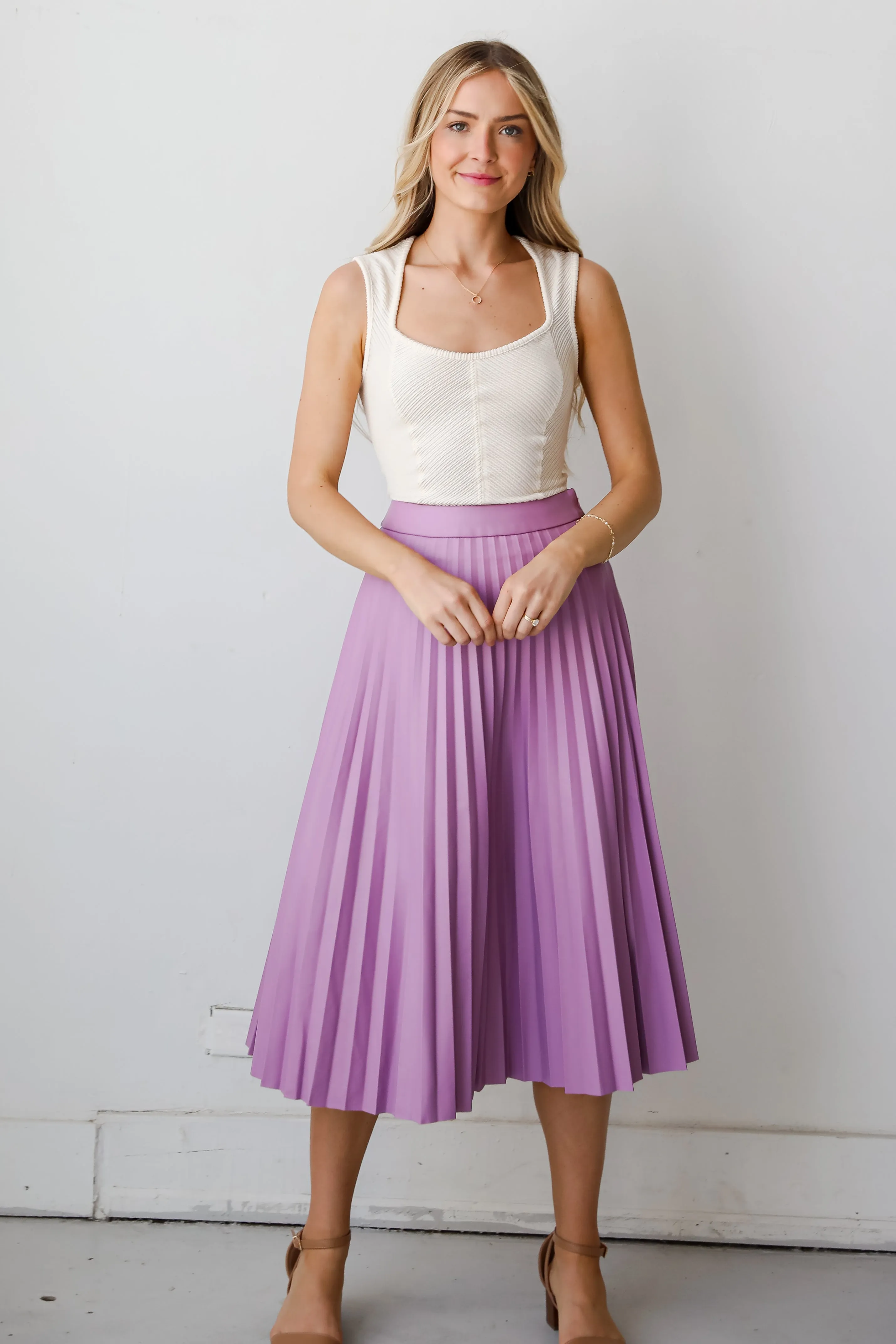 FINAL SALE - Trendy Ease Lavender Leather Pleated Midi Skirt