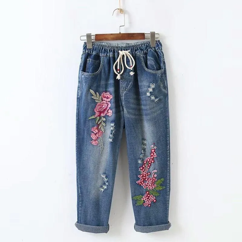 Flowers Loose Nine Points Jeans