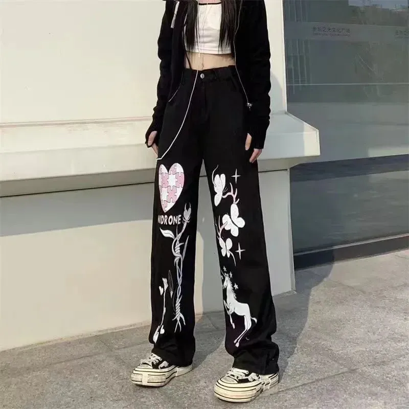 Flytonn-Punk Street Y2K Clothing Gothic Skull Print Jeans Mid Waist Wide Leg Pants 90's Retro Women's Trousers Baggy Jeans Women