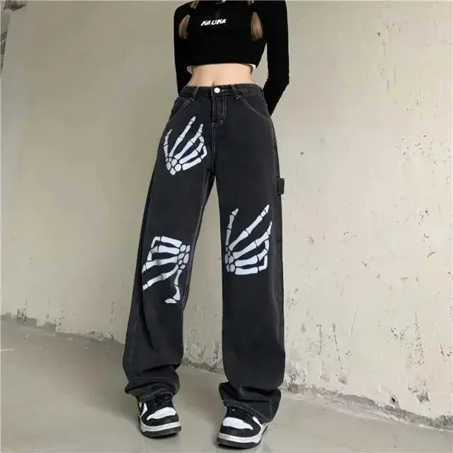 Flytonn-Punk Street Y2K Clothing Gothic Skull Print Jeans Mid Waist Wide Leg Pants 90's Retro Women's Trousers Baggy Jeans Women