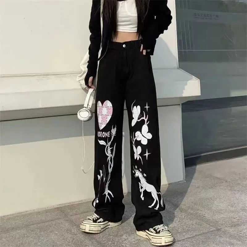 Flytonn-Punk Street Y2K Clothing Gothic Skull Print Jeans Mid Waist Wide Leg Pants 90's Retro Women's Trousers Baggy Jeans Women