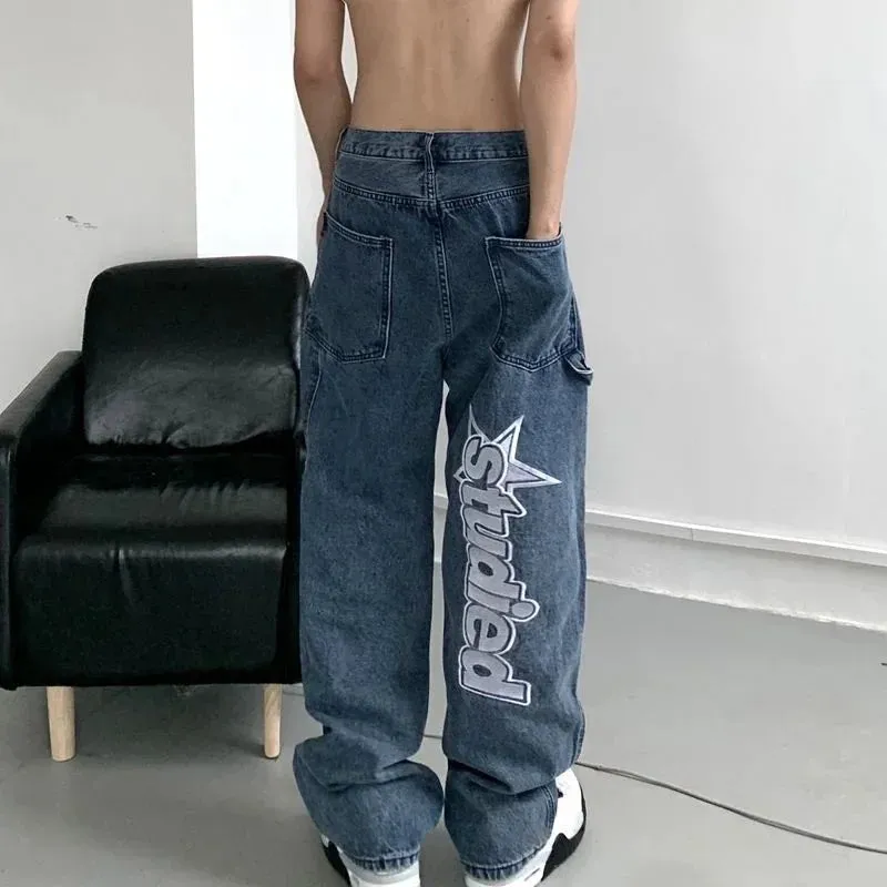 Flytonn-Punk Street Y2K Clothing Gothic Skull Print Jeans Mid Waist Wide Leg Pants 90's Retro Women's Trousers Baggy Jeans Women