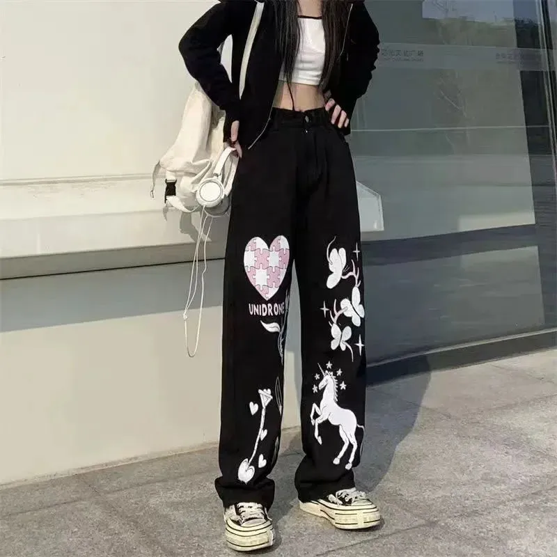 Flytonn-Punk Street Y2K Clothing Gothic Skull Print Jeans Mid Waist Wide Leg Pants 90's Retro Women's Trousers Baggy Jeans Women