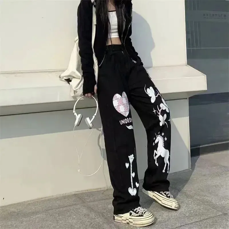 Flytonn-Punk Street Y2K Clothing Gothic Skull Print Jeans Mid Waist Wide Leg Pants 90's Retro Women's Trousers Baggy Jeans Women