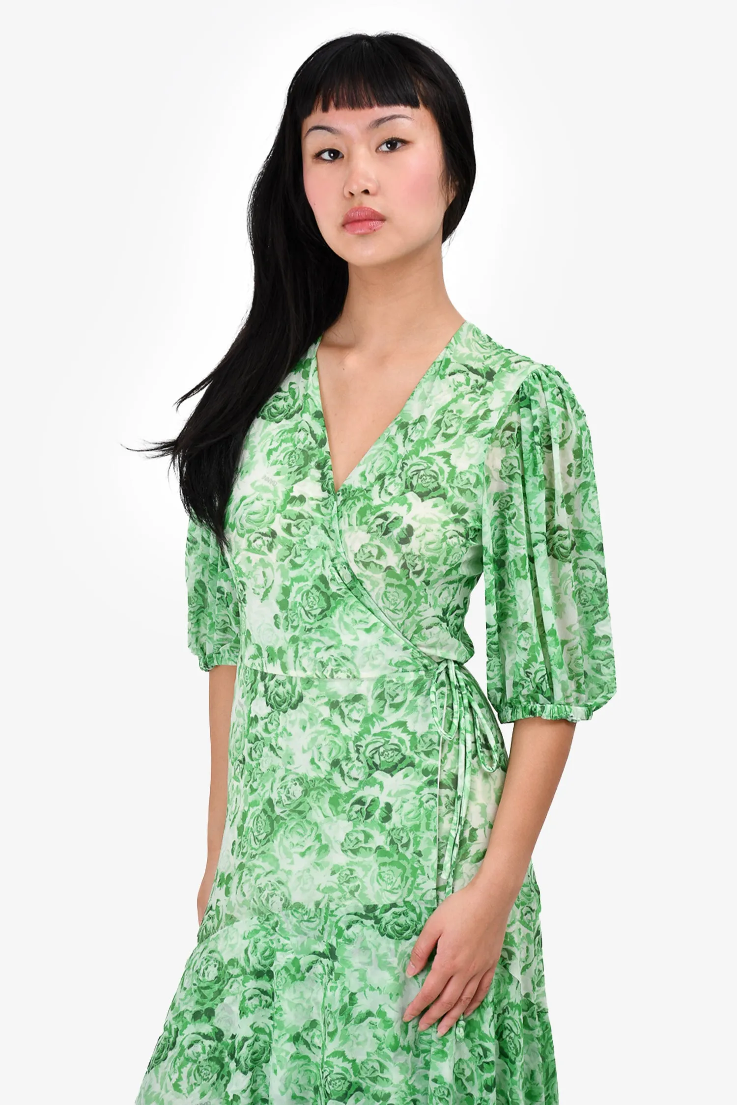 Ganni Green/White Rose Printed Puff Sleeve Wrap Dress Size 36