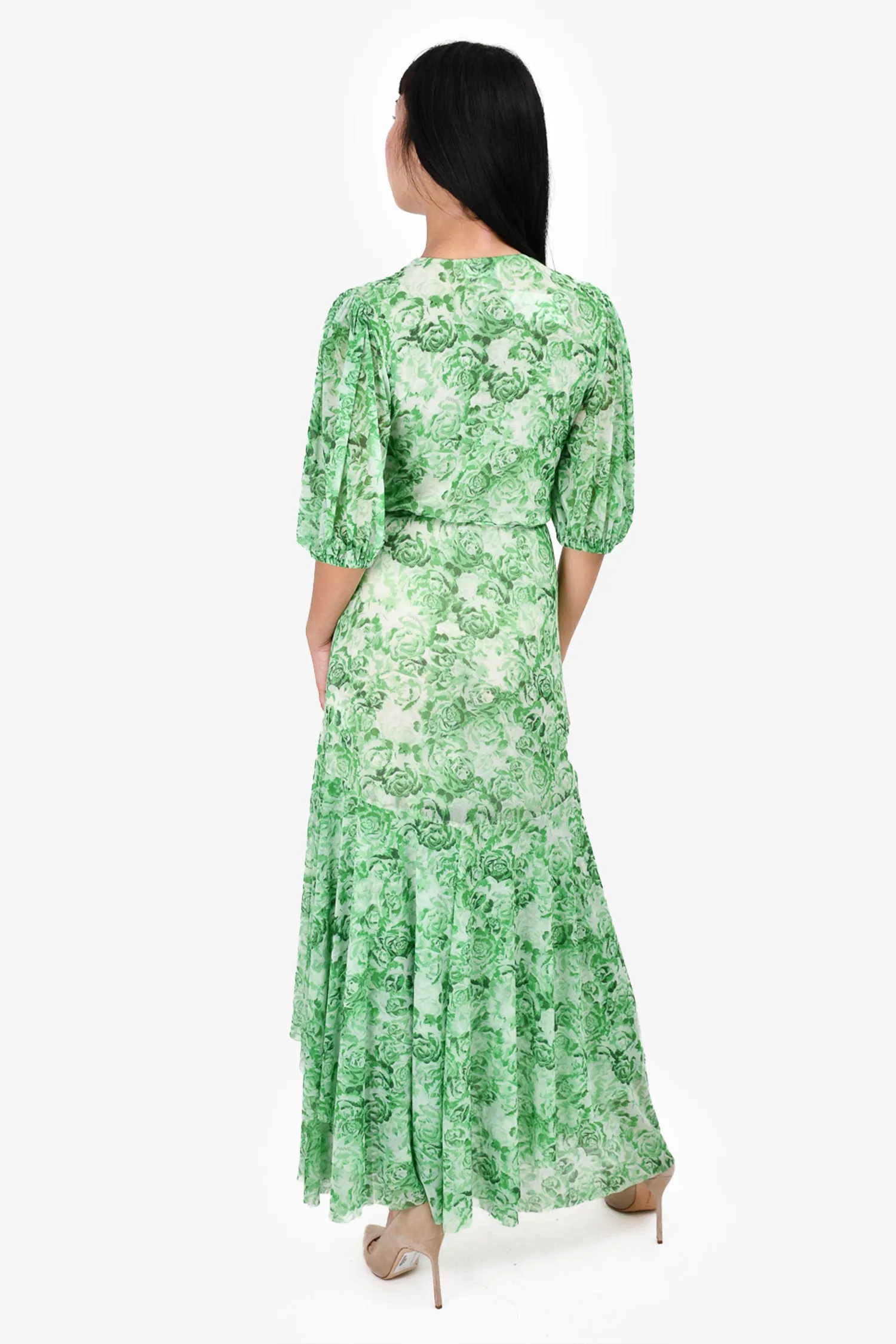 Ganni Green/White Rose Printed Puff Sleeve Wrap Dress Size 36