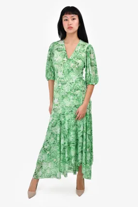 Ganni Green/White Rose Printed Puff Sleeve Wrap Dress Size 36