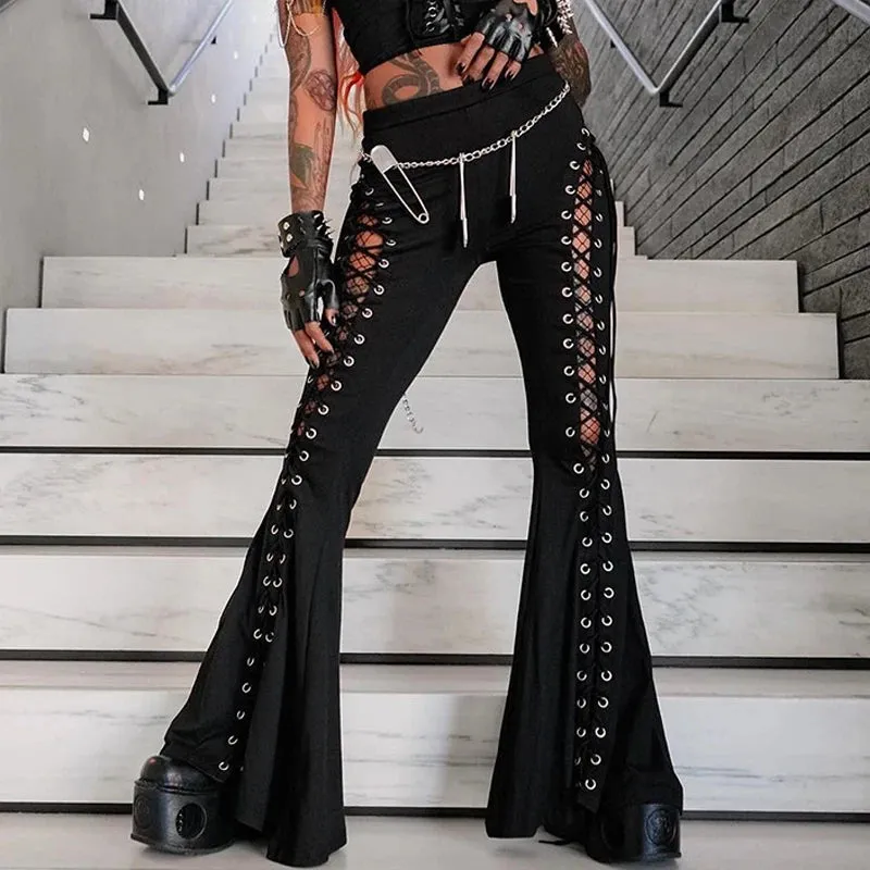 Girlary Goth Dark Grunge Streetwear Black Bandage Trousers Cyber Gothic Punk Hollow Out Flare Pants Women Emo High Waist Sexy Alt Bottom