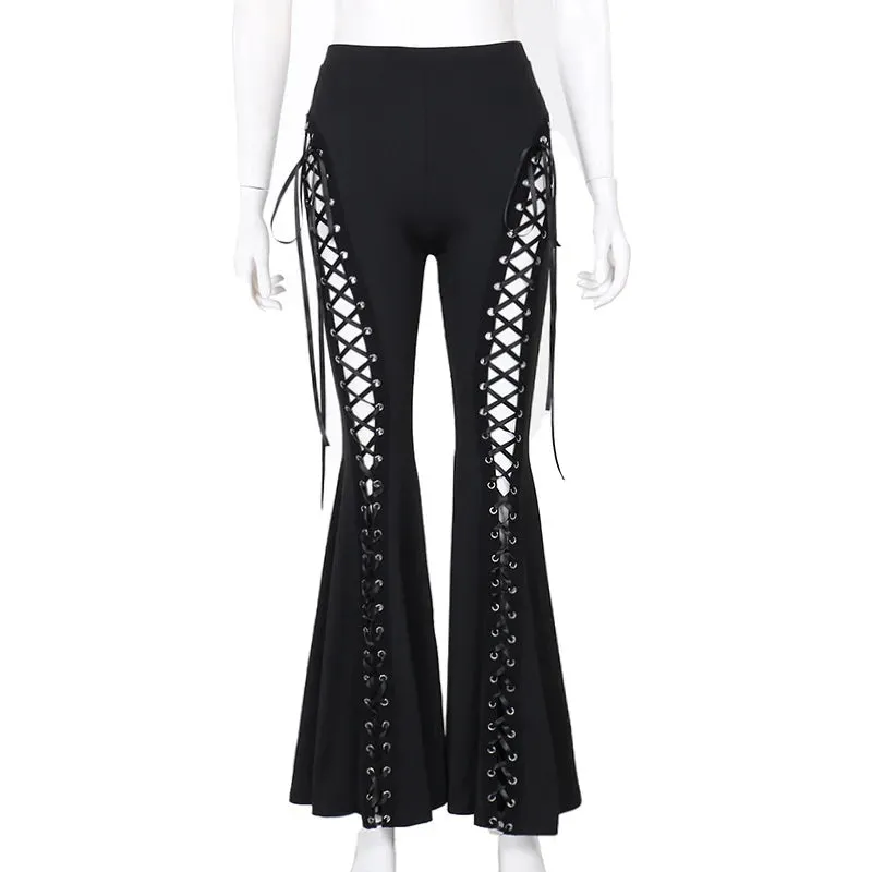 Girlary Goth Dark Grunge Streetwear Black Bandage Trousers Cyber Gothic Punk Hollow Out Flare Pants Women Emo High Waist Sexy Alt Bottom