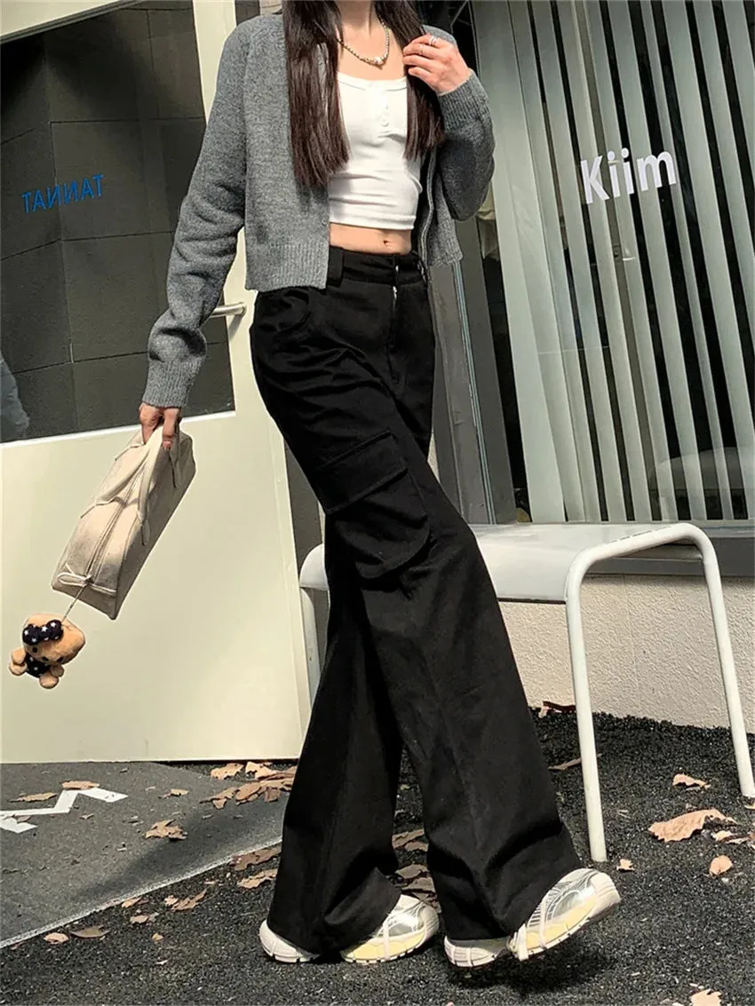 Girlary Retro Flare Trousers Chic Women Wide Leg All Match Casual Minimalist Winter 2024 Loose High Waist Slim Daily Streetwear