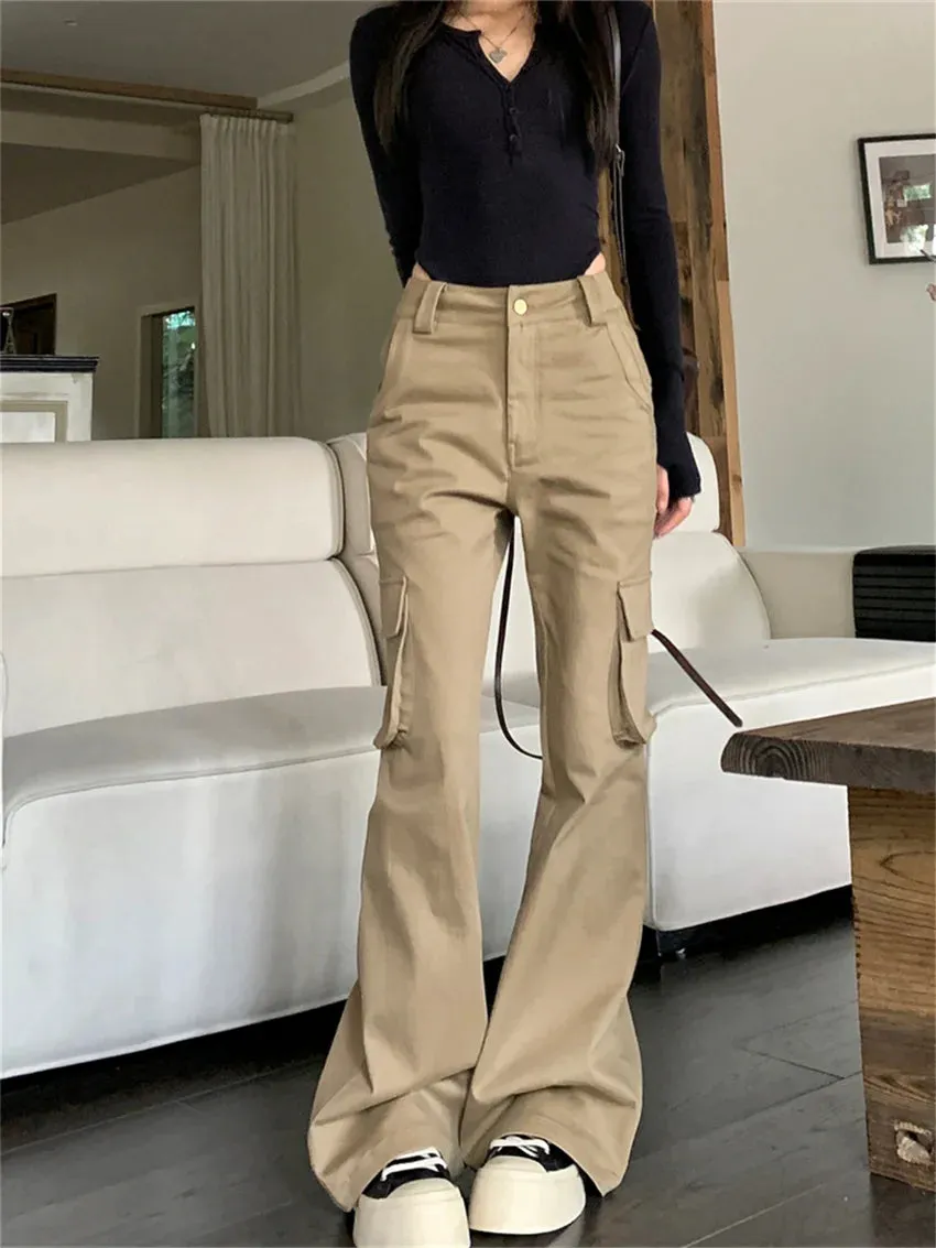 Girlary Retro Flare Trousers Chic Women Wide Leg All Match Casual Minimalist Winter 2024 Loose High Waist Slim Daily Streetwear