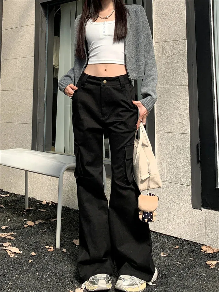 Girlary Retro Flare Trousers Chic Women Wide Leg All Match Casual Minimalist Winter 2024 Loose High Waist Slim Daily Streetwear