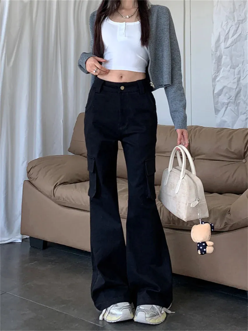 Girlary Retro Flare Trousers Chic Women Wide Leg All Match Casual Minimalist Winter 2024 Loose High Waist Slim Daily Streetwear