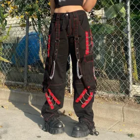 Girlary-shop grunge outfits Retro Dark Style Cool Chic Ribbon Eyelet Chain Casual Pants Contrast Color Striped Mesh Stitching Wide Leg Pants