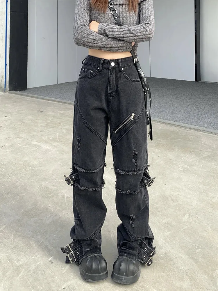 Girlary Women's Black Gothic Y2k Jeans Vintage 90s Aesthetic Hip Hop Denim Trousers Harajuku High Waist Cowboy Pants 2000s Punk Clothes