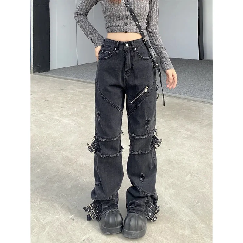 Girlary Women's Black Gothic Y2k Jeans Vintage 90s Aesthetic Hip Hop Denim Trousers Harajuku High Waist Cowboy Pants 2000s Punk Clothes