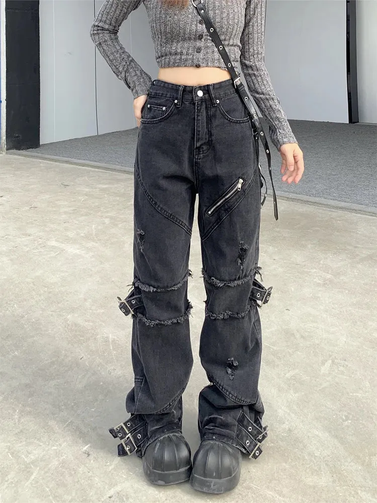 Girlary Women's Black Gothic Y2k Jeans Vintage 90s Aesthetic Hip Hop Denim Trousers Harajuku High Waist Cowboy Pants 2000s Punk Clothes