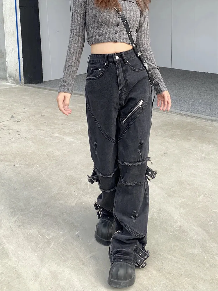 Girlary Women's Black Gothic Y2k Jeans Vintage 90s Aesthetic Hip Hop Denim Trousers Harajuku High Waist Cowboy Pants 2000s Punk Clothes