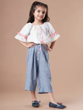 Girls Self Design Pure Cotton Crop Top With Trousers Clothing Set - Ps Peaches