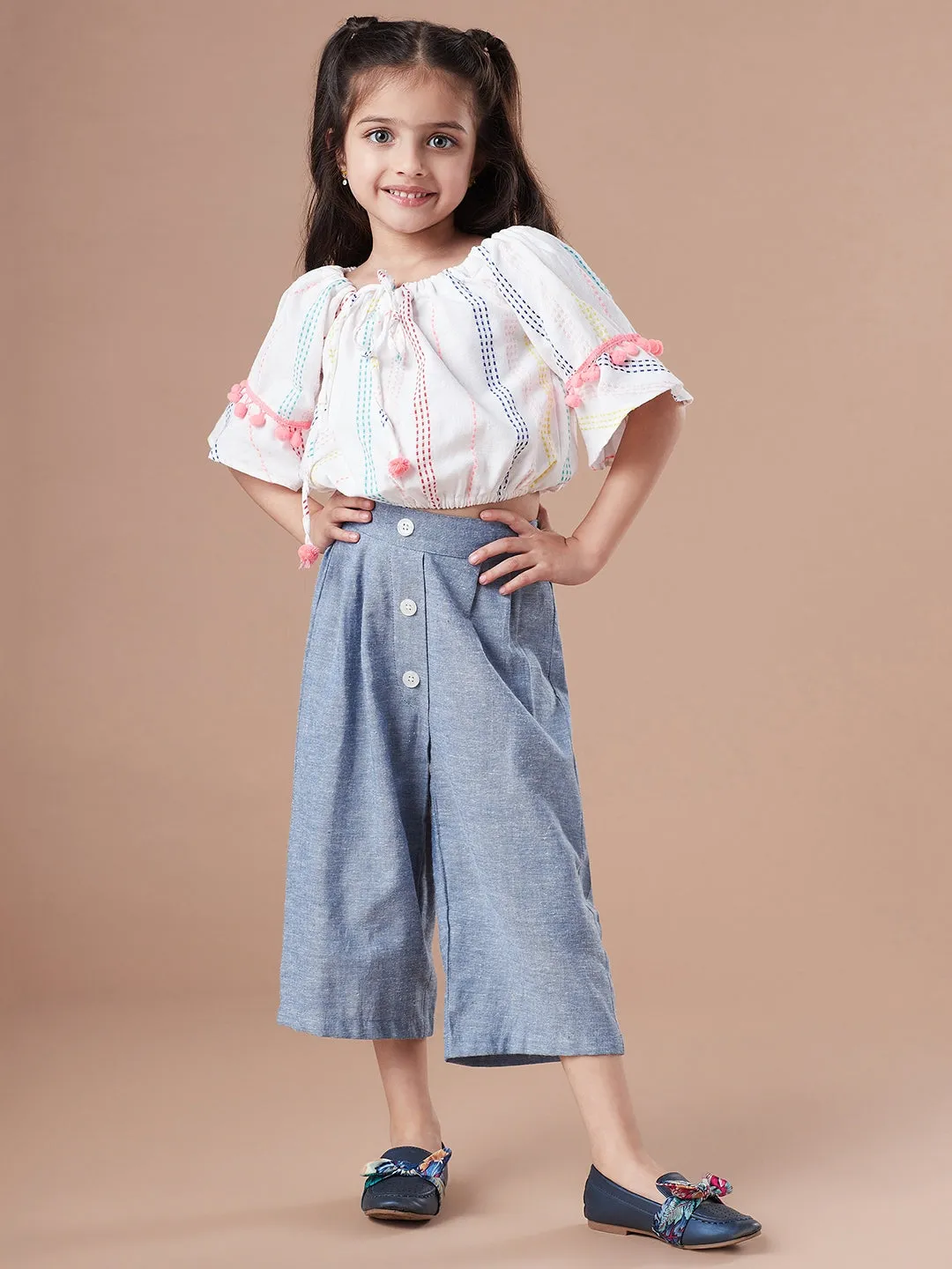 Girls Self Design Pure Cotton Crop Top With Trousers Clothing Set - Ps Peaches