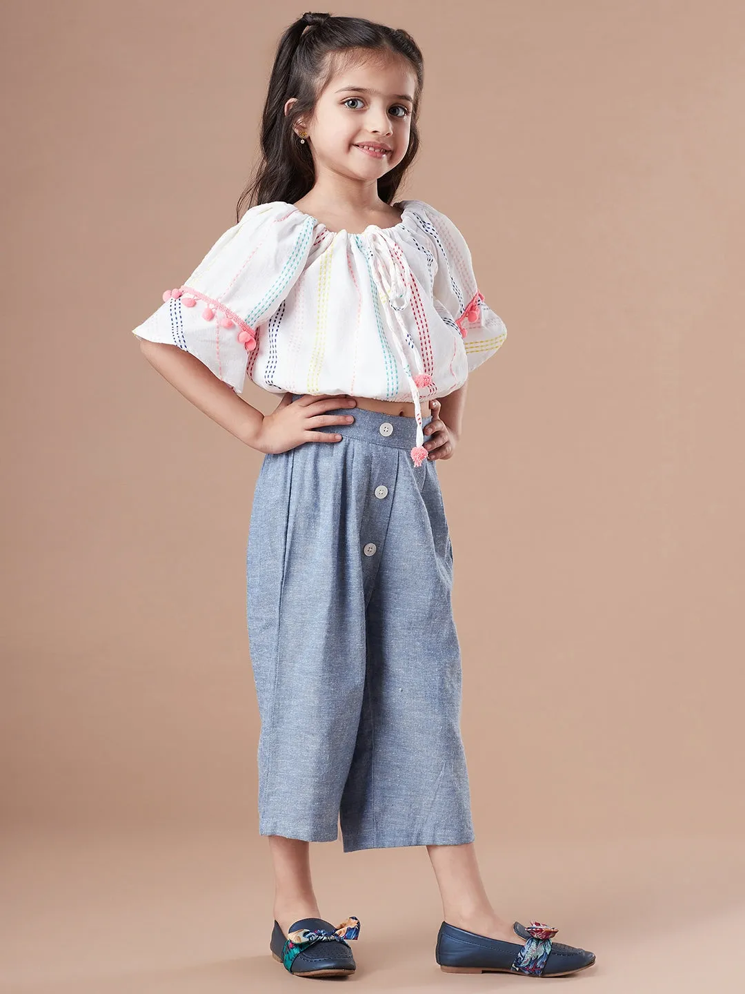 Girls Self Design Pure Cotton Crop Top With Trousers Clothing Set - Ps Peaches