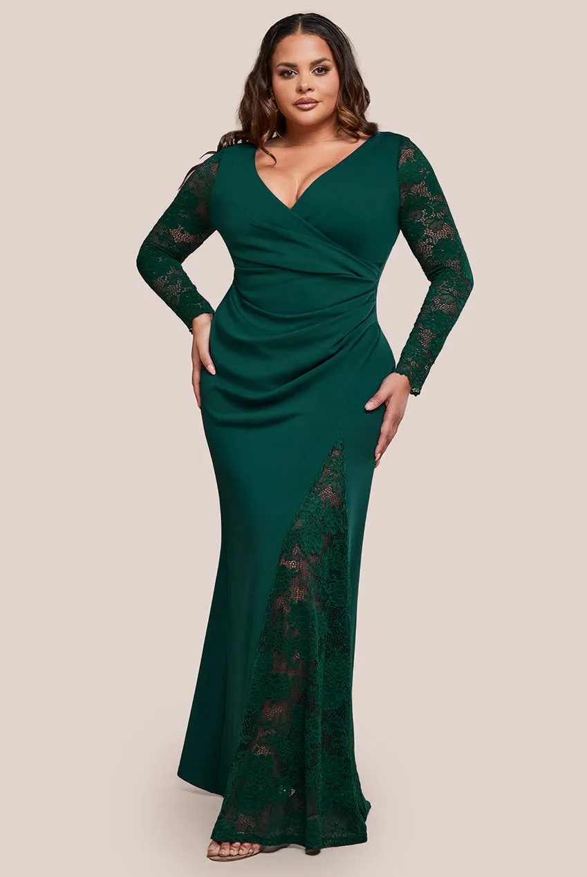 Goddiva Plus Scuba & Lace Wrap Maxi Dress - Emerald