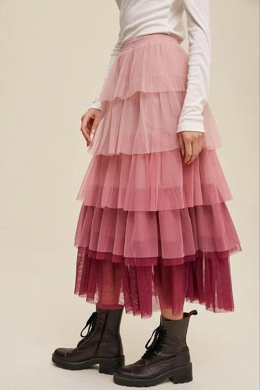 Gradient Style Tiered Mesh Maxi Skirt