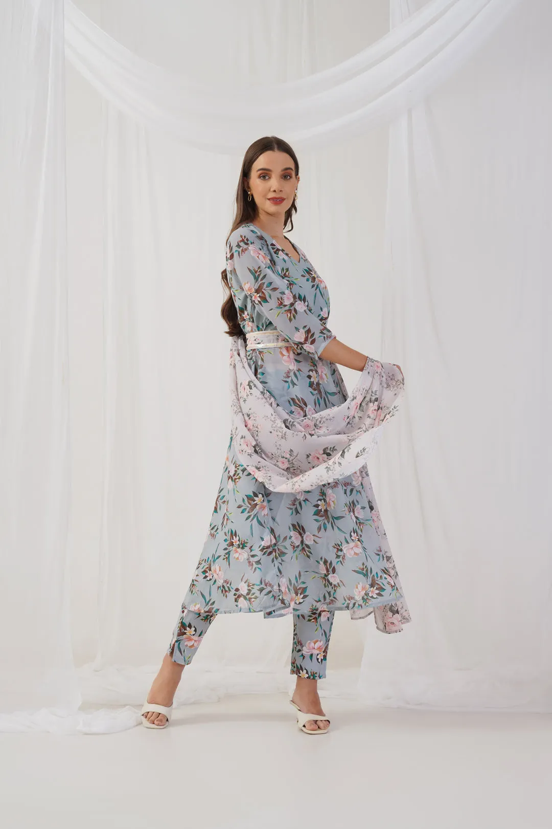 Green Floral Printed Sequinned Kurta with Trousers & Dupatta & Belt