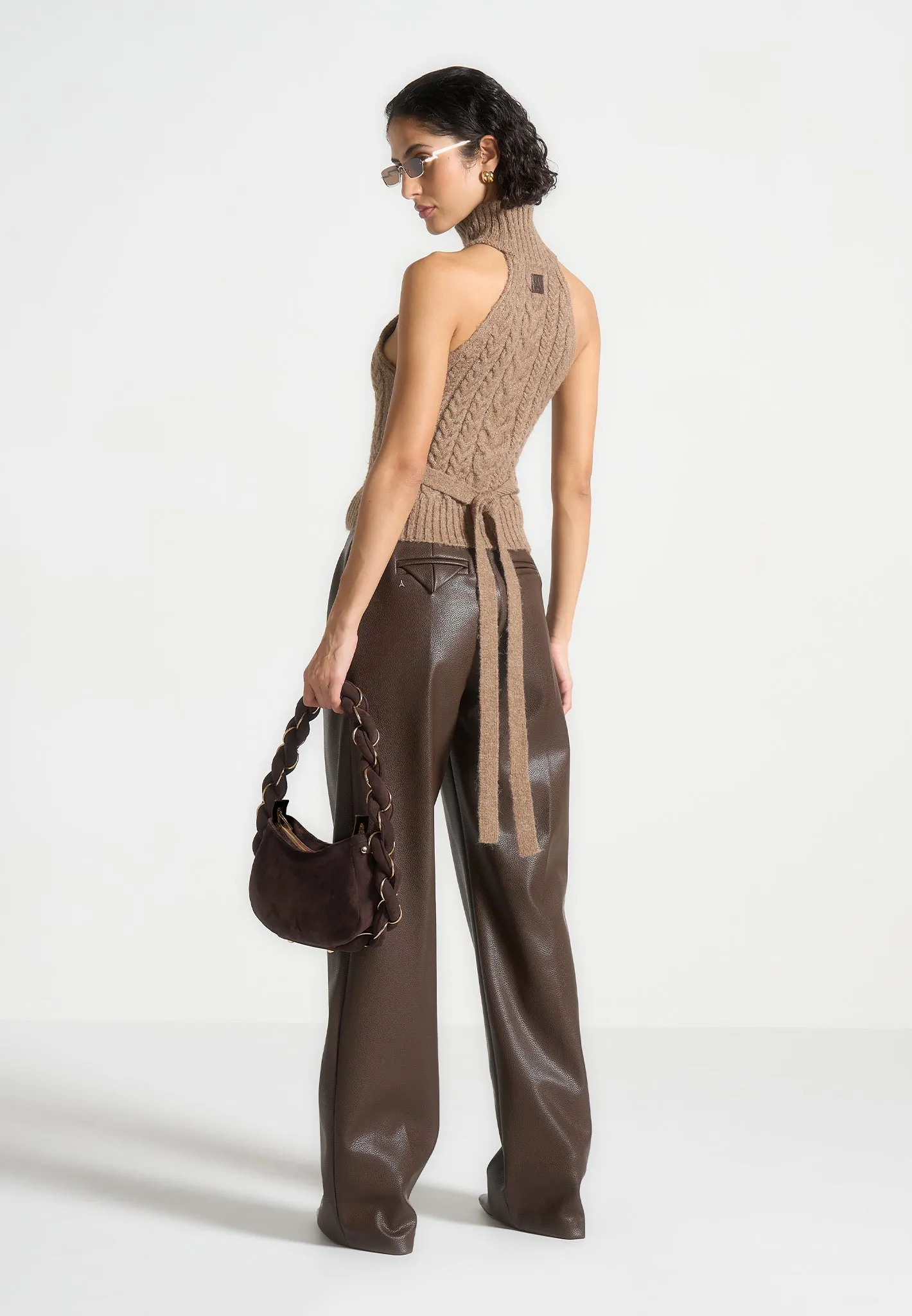 Halter Cable Knit Wool Top with Tie - Taupe