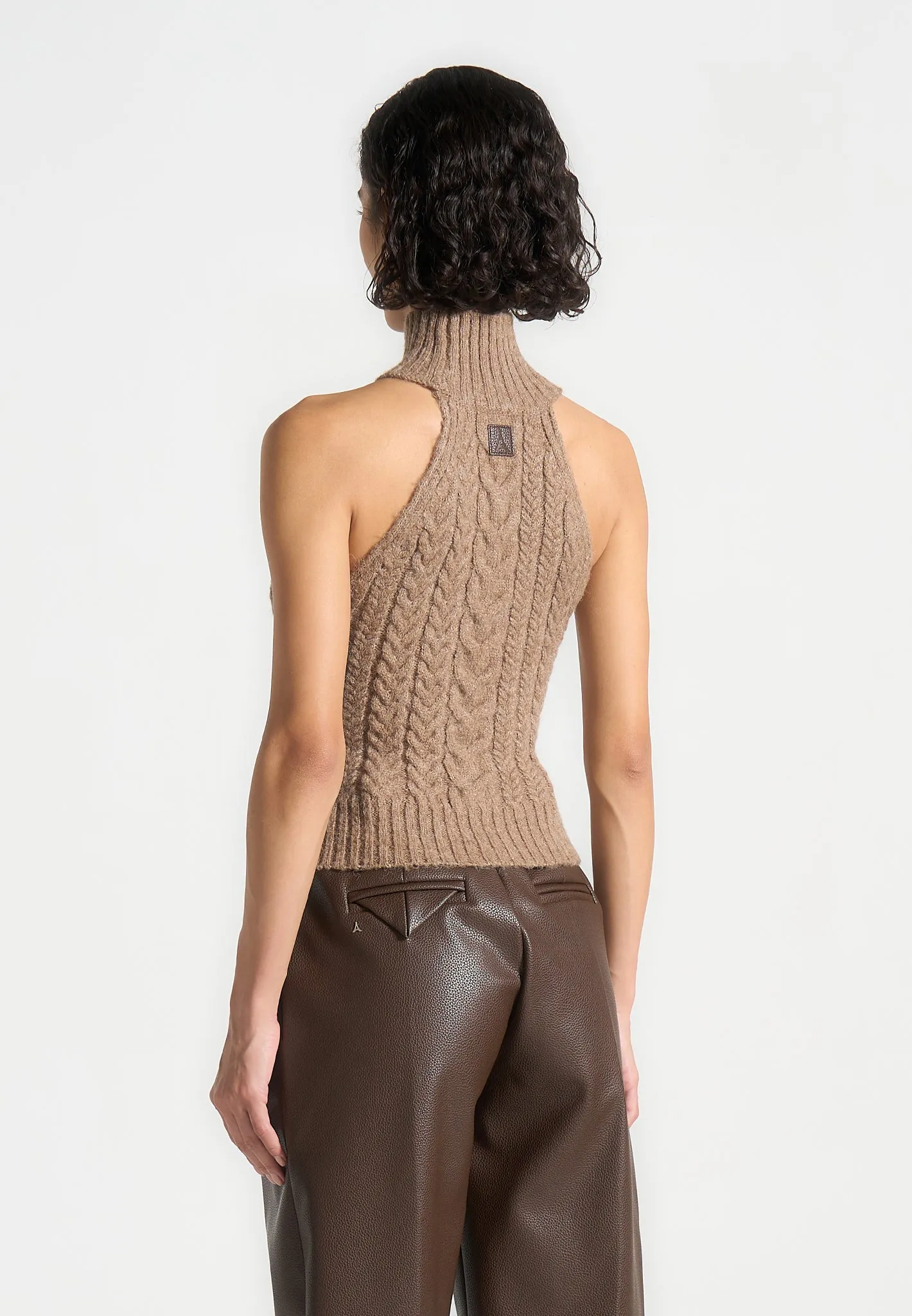 Halter Cable Knit Wool Top with Tie - Taupe