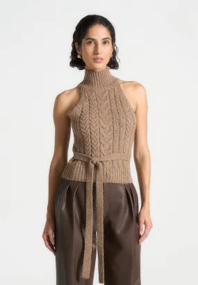 Halter Cable Knit Wool Top with Tie - Taupe