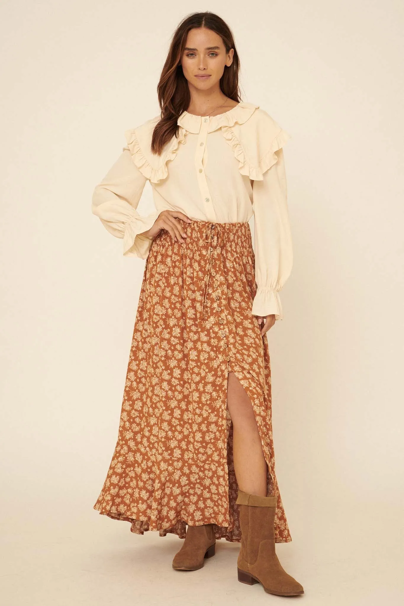 Harvest Blooms Floral Button-Front Maxi Skirt