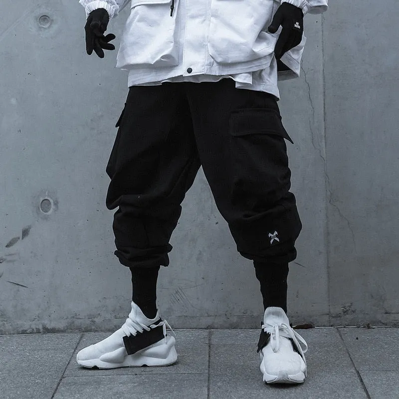 Hip Hop Cargo Pants Men Ribbons Casual Loose Joggers Trousers Elastic Waist Fahsion Harajuku Streetwear Pant W583