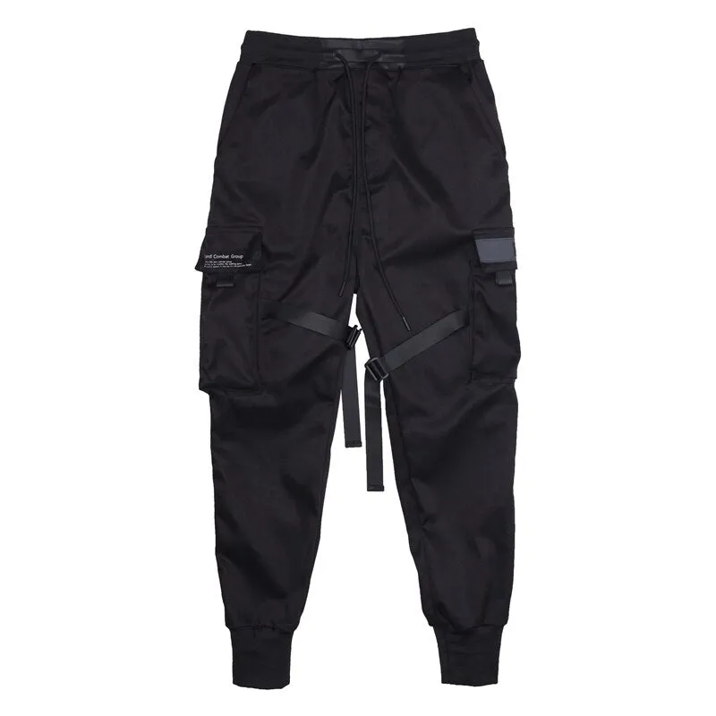 Hip Hop Cargo Pants Ribbons Men Black Streetwear Harajuku Techwear Tactical Pants Trousers Harem Joggers Sweatpants Punk