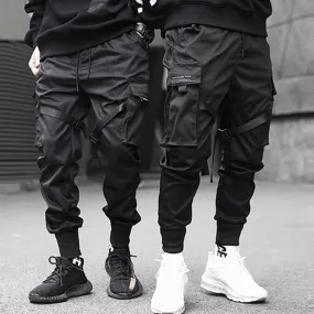 Hip Hop Cargo Pants Ribbons Men Black Streetwear Harajuku Techwear Tactical Pants Trousers Harem Joggers Sweatpants Punk