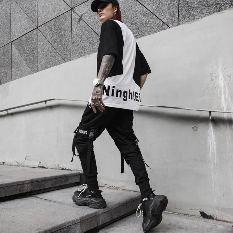 Hip Hop Joggers Pants Men Harajuku Streetwear Ribbons Pants Casual Slim Track Trousers Elastic Waist Male Jogger WB284