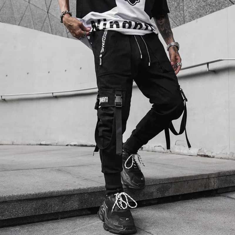 Hip Hop Joggers Pants Men Harajuku Streetwear Ribbons Pants Casual Slim Track Trousers Elastic Waist Male Jogger WB284