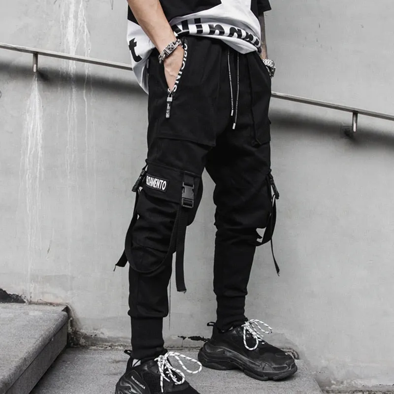 Hip Hop Joggers Pants Men Harajuku Streetwear Ribbons Pants Casual Slim Track Trousers Elastic Waist Male Jogger WB284