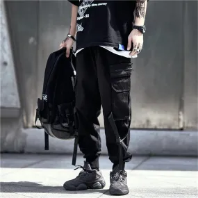 Hip HopTactical Cargo Pants Men Multi Pocket Ribbons Joggers Trousers Elastic Waist Fahsion Streetwear Pant Cotton