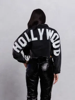 HOLLYWOOD SIGN White Font Crop Denim Jacket