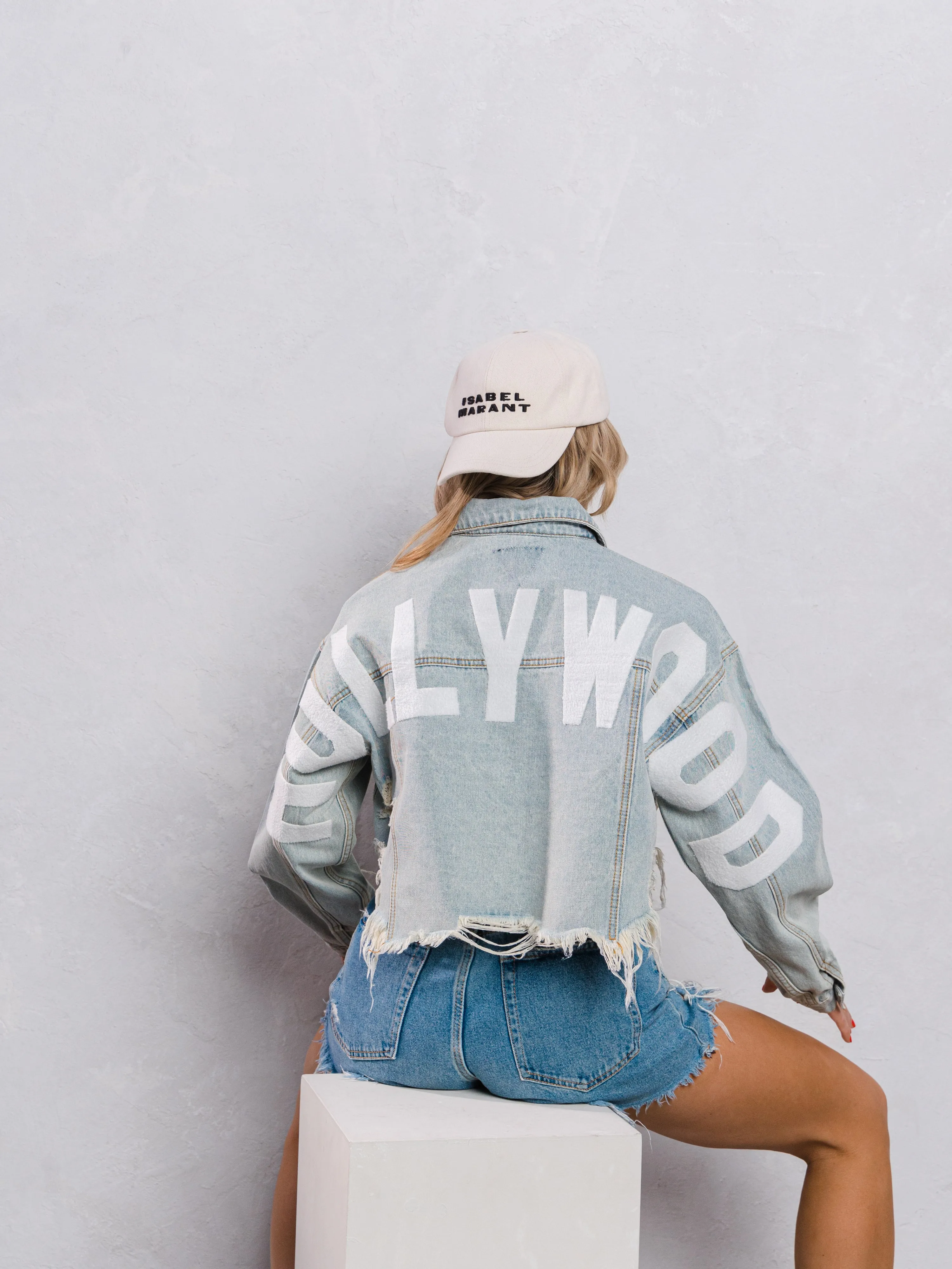 HOLLYWOOD SIGN White Font Crop Denim Jacket