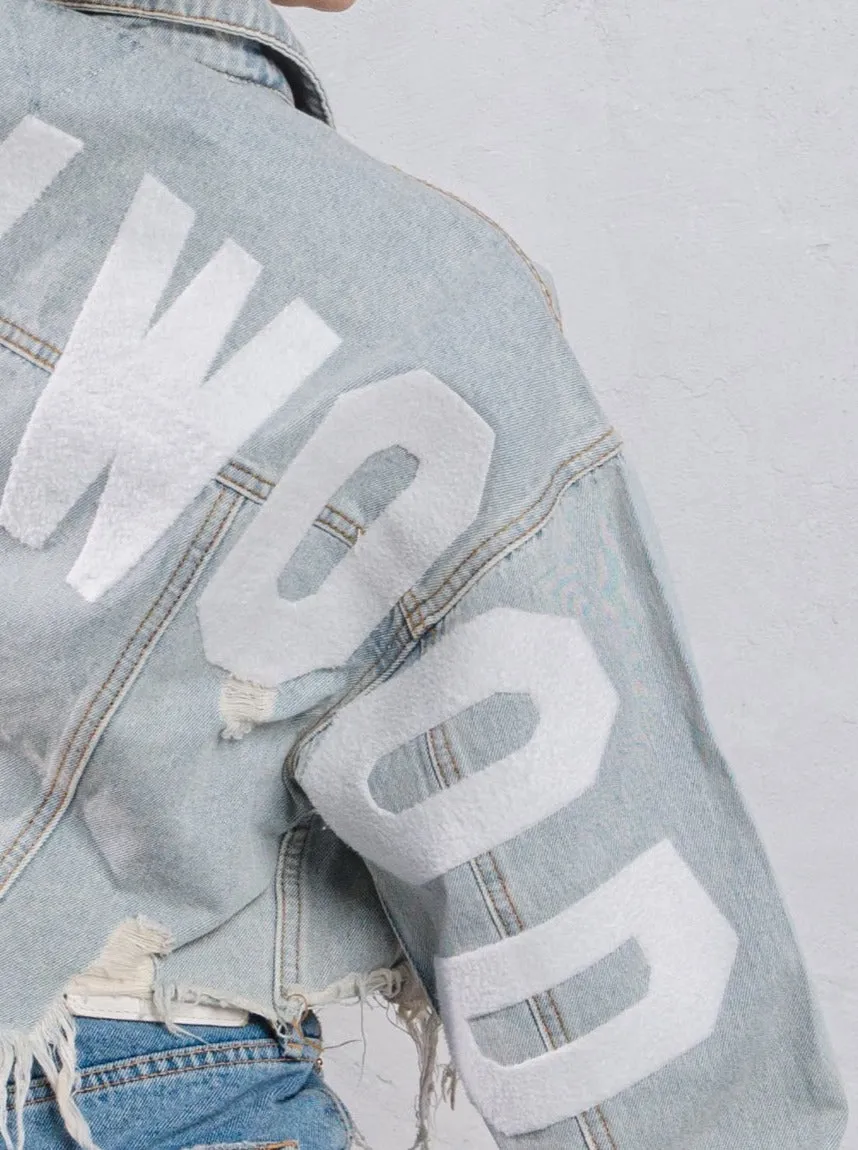 HOLLYWOOD SIGN White Font Crop Denim Jacket