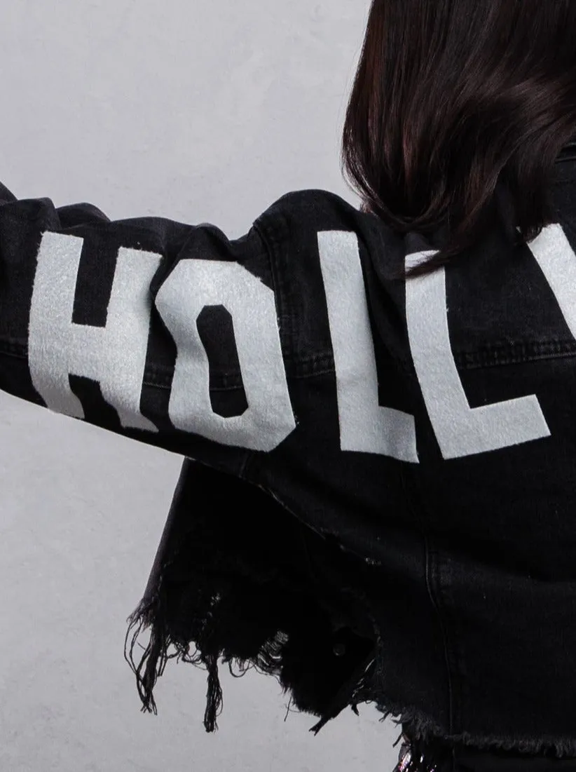 HOLLYWOOD SIGN White Font Crop Denim Jacket